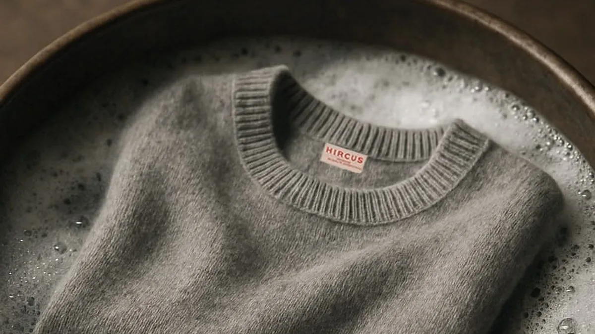 Washing a woollen sweater by hand in a basin
